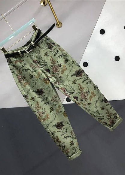 Apricot Print High Waist Sashes Pockets Beam Jeans