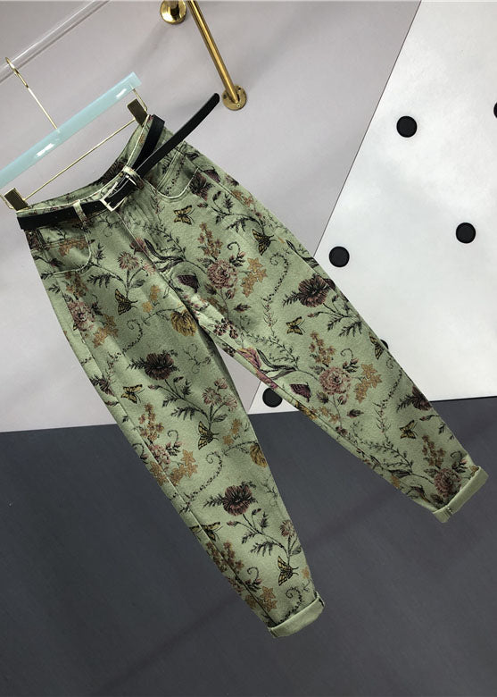 Apricot Print High Waist Sashes Pockets Beam Jeans
