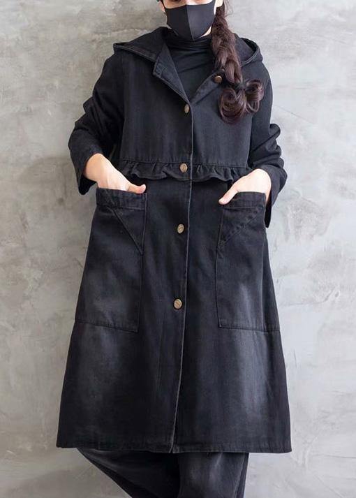 Overcoat Denim Black Hooded Ruffles Outwear