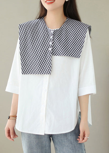 Organic White Plaid Button Shawl and Shirts Two Pieces Set Summer