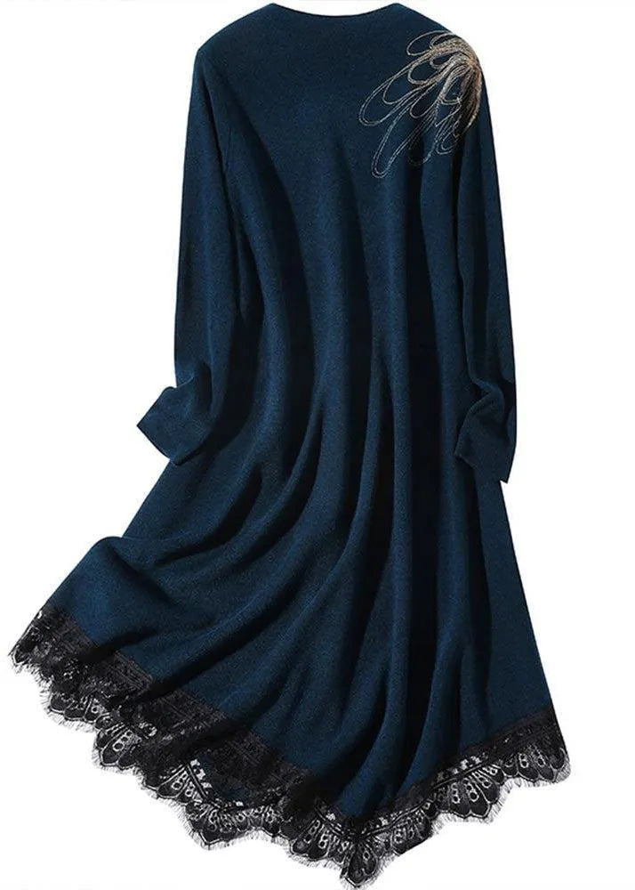 Blue High Neck Lace Patchwork Knit Sweater Dress Long Sleeve