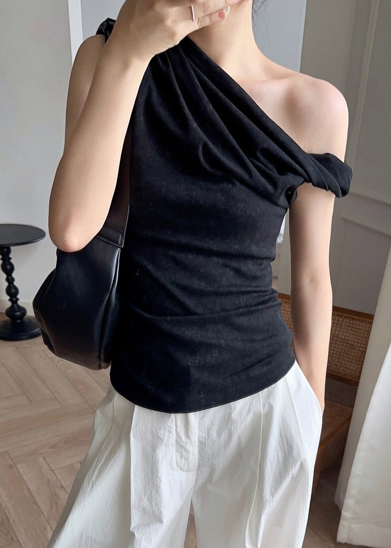 Black Asymmetrical Cotton Tops Sleeveless