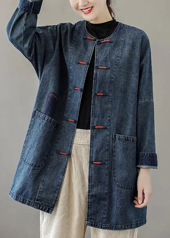 French Blue O-neck Pockets Patchwork Denim Coats Long Sleeve