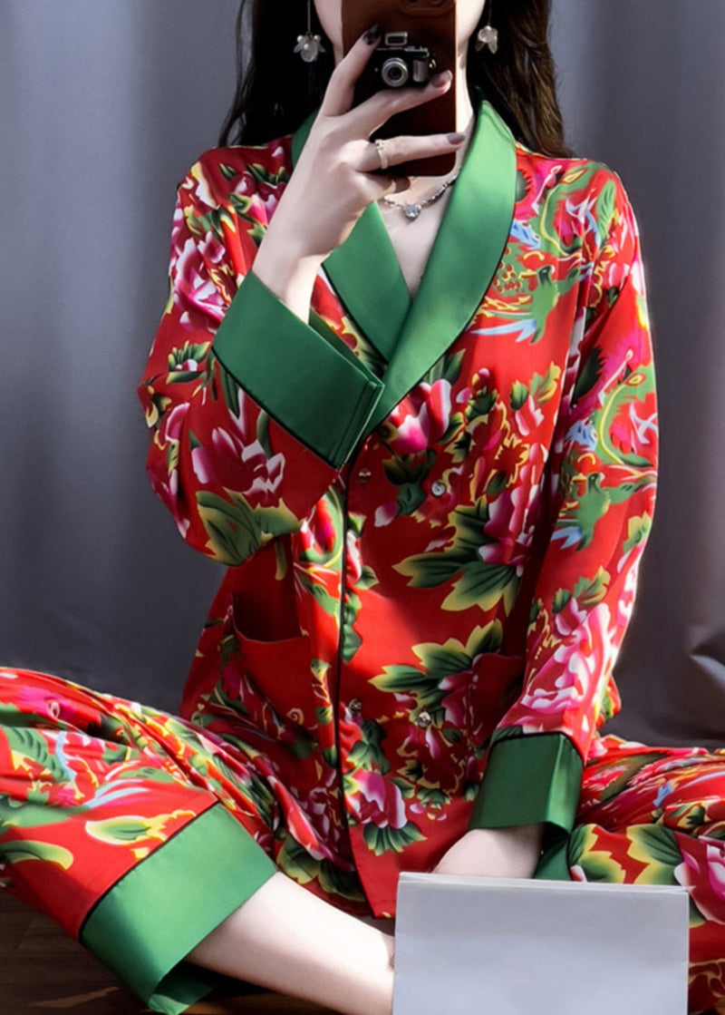 Red V Neck Print Top and Pants Silk Two Pieces Set Long Sleeve