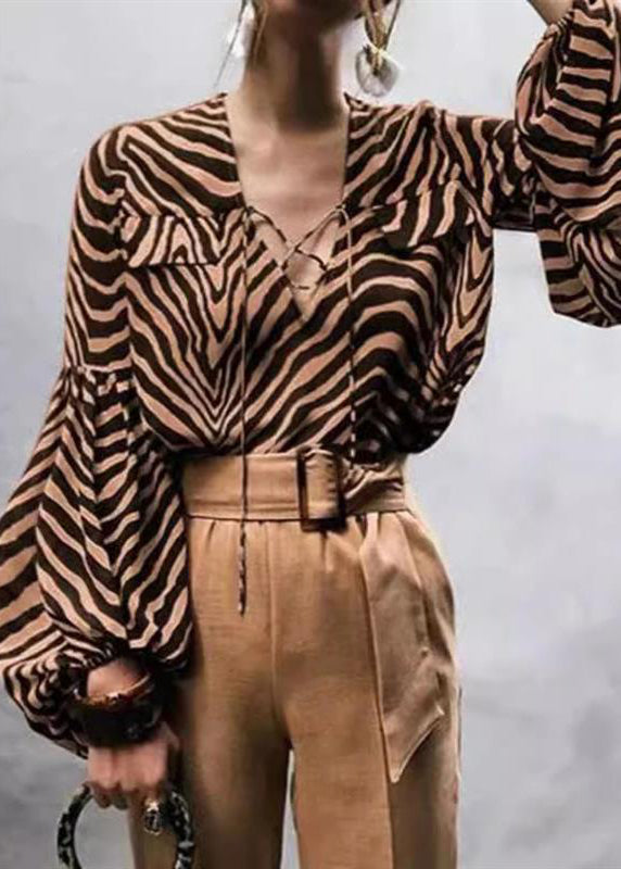 Zebra Print V-neck Lace-up Lantern Sleeve Shirt