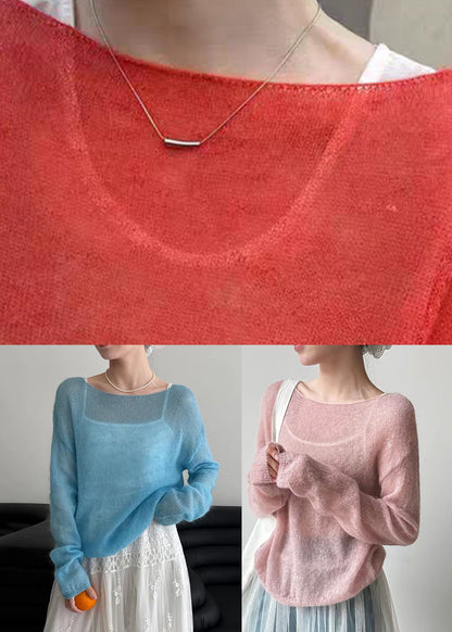 Red Patchworkma Hai Mao Knit Top Long Sleeve