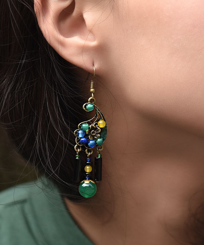 Peacock Green Agate Metal Drop Earrings