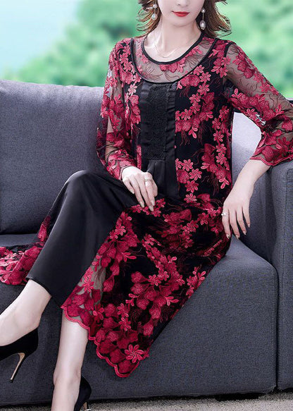 Red Embroideried Hollow Out Patchwork Tulle Dresses Bracelet Sleeve