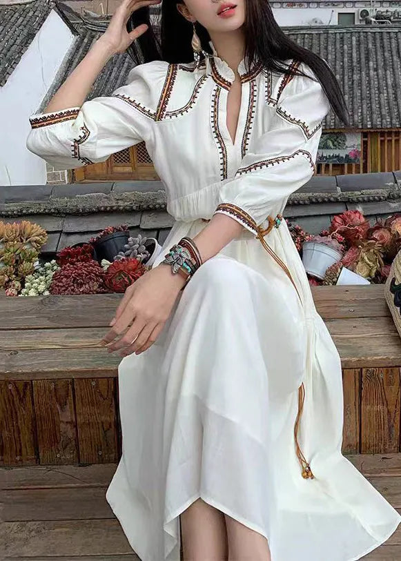 White Wrinkled Patchwork Cotton Long Dress Bracelet Sleeve