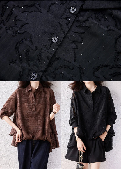 Brown Oversized Jacquard Chiffon Blouse Top Fall