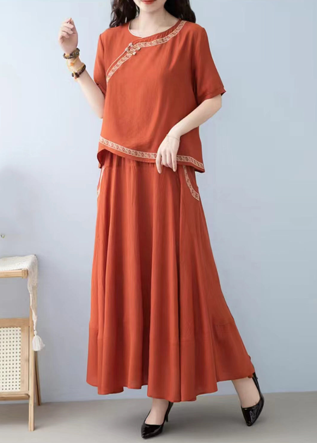 New Orange O Neck Pockets Linen Two-piece Set Summer