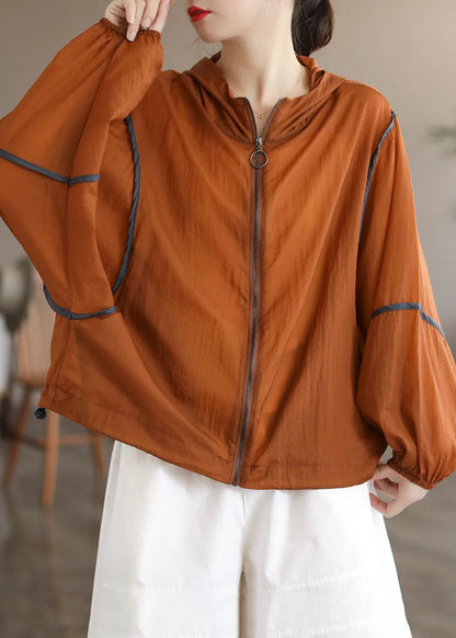 Orange Hooded Patchwork Cotton Coat Long Sleeve