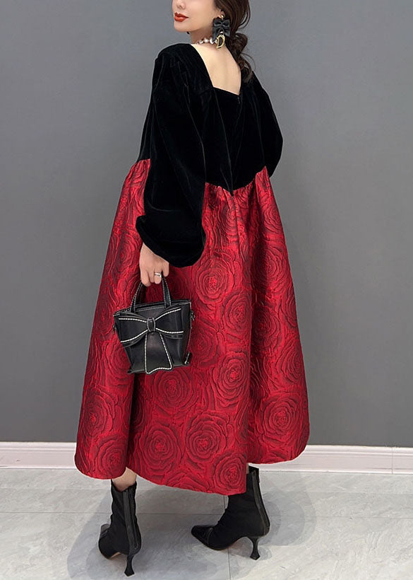 Colorblock U Neck Puff Sleeve Velour Patchwork Silk Princess Dress