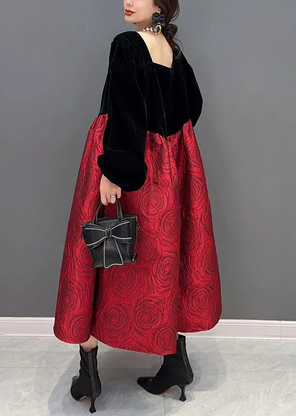 Colorblock U Neck Puff Sleeve Velour Patchwork Silk Princess Dress