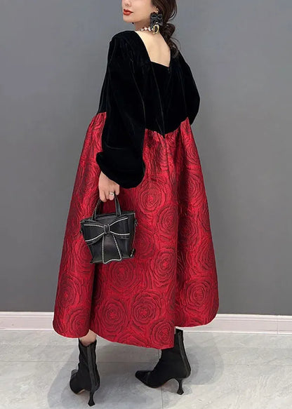 Colorblock U Neck Puff Sleeve Velour Patchwork Silk Princess Dress