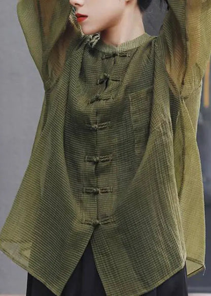 Green Pockets Loose Tulle Coats Mandarin Collar Button Spring