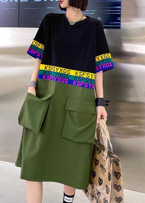 Fine Black Patchwork Green Pockets Holiday Summer Cotton Dress