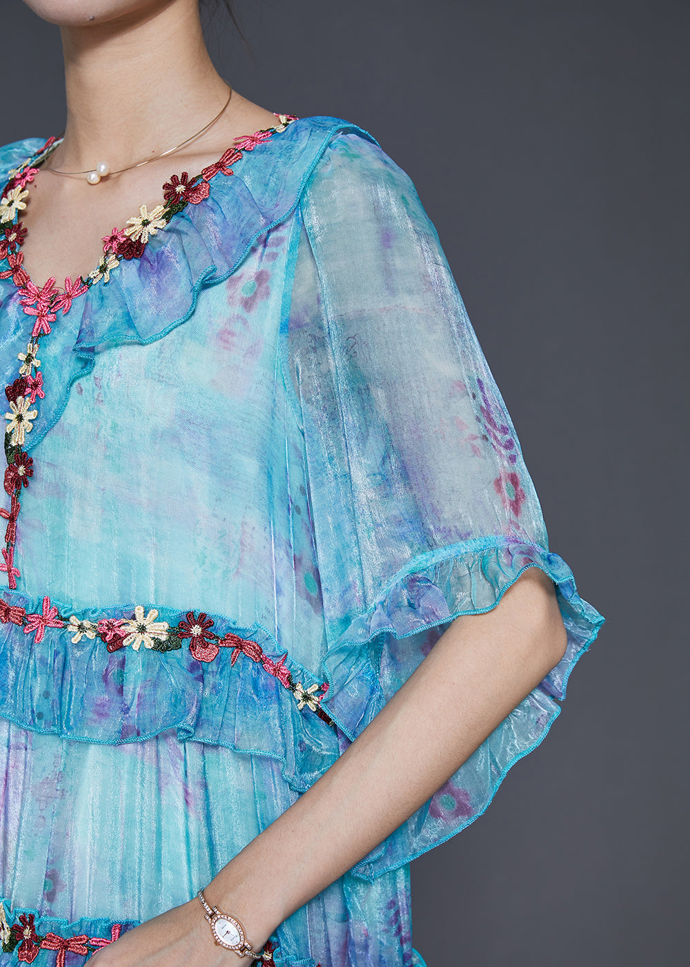 Modern Blue Ruffled Chiffon Robe Dresses Spring