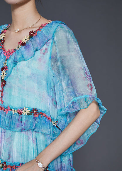 Modern Blue Ruffled Chiffon Robe Dresses Spring