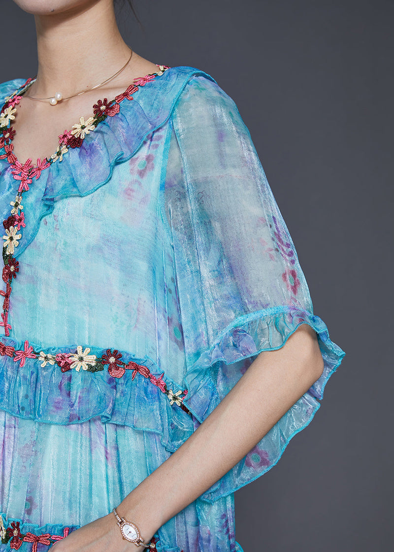 Modern Blue Ruffled Chiffon Robe Dresses Spring