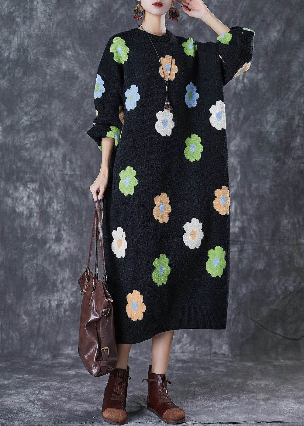 Stylish Black Oversized Knit Long Dress Fall
