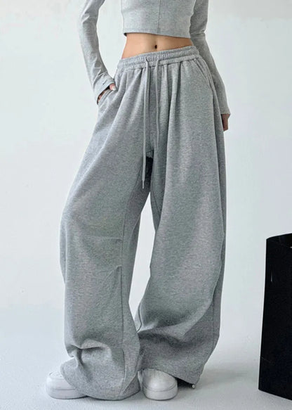 Loose Light Grey Pockets Drawstring Wide Leg Pants Spring