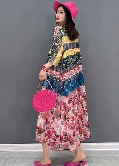 Square Collar Print Chiffon Long Dresses Short Sleeve