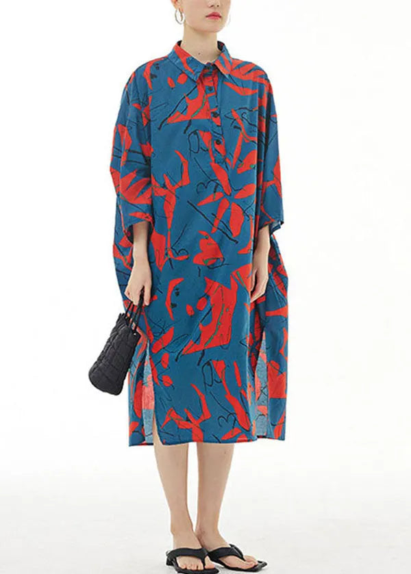 Blue Peter Pan Collar Print Patchwork Cotton Shirts Dress Spring