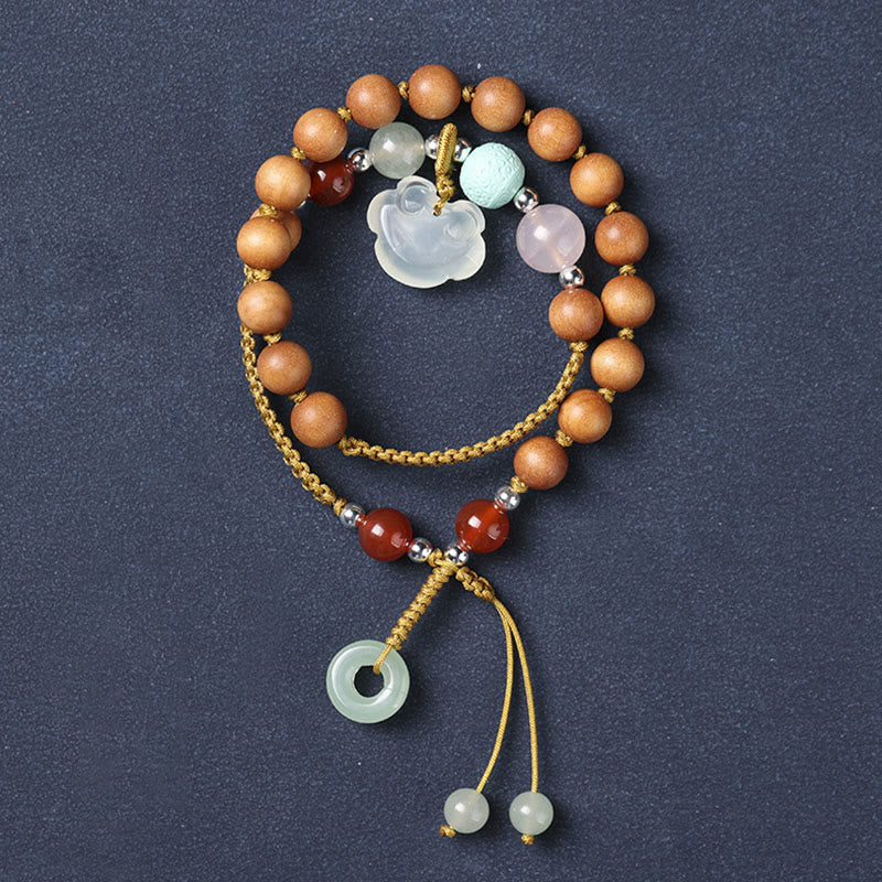 Buddha Stones Green Sandalwood Chalcedony Peace Buckle Charm Soothing Double Wrap Bracelet