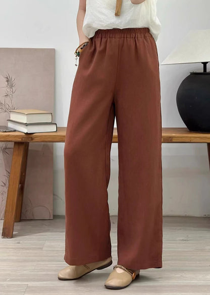 Orange Elastic Waist Linen Straight Pants Summer