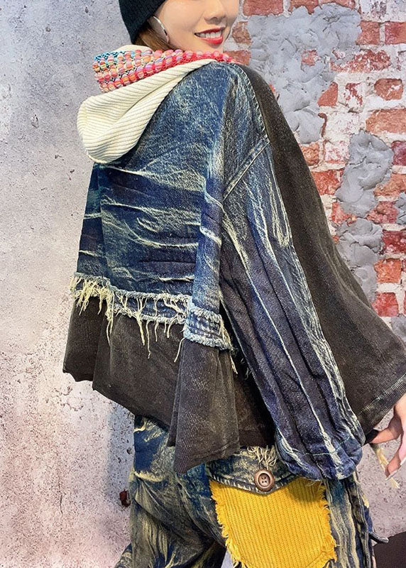 Fitted Black Hooded Patchwork Fall Denim Long Sleeve Coat
