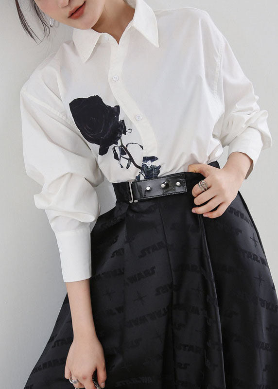 Diy White Peter Pan Collar Rose Print Cotton Shirt Tops Springs