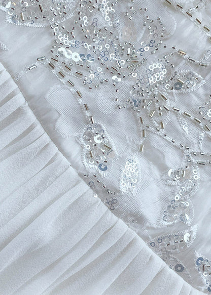 Fitted White O-neck Embroideried Sequined Silk Maxi Dress Long Sleeve