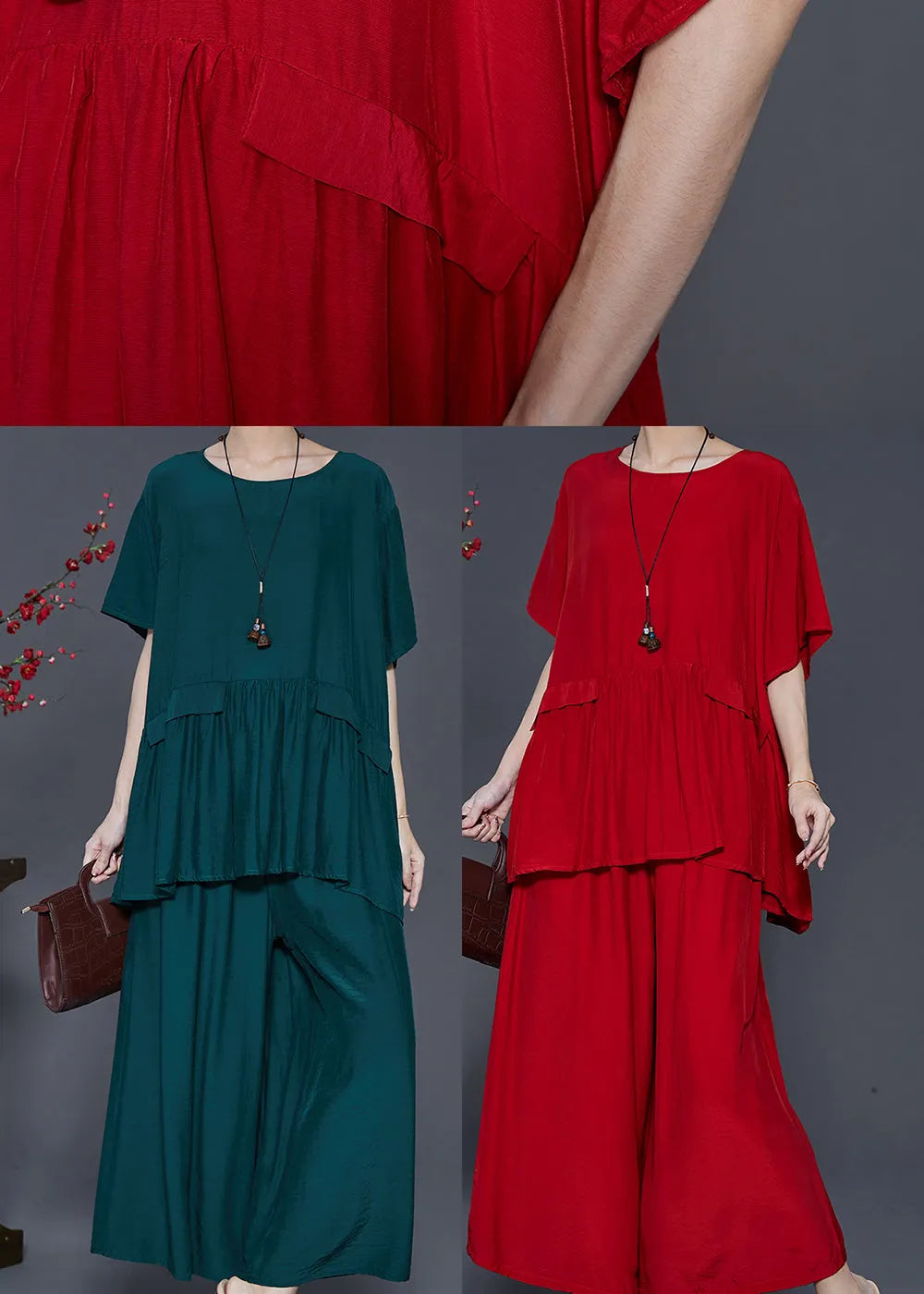 Modern Red Oversized Patchwork Cotton Sets 2 Pieces Summer