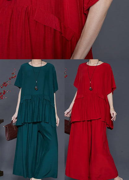 Modern Red Oversized Patchwork Cotton Sets 2 Pieces Summer