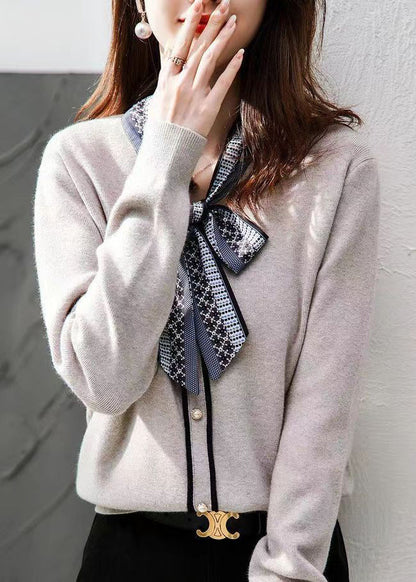 Grey Lace Up Button Patchwork Knit Sweaters Long Sleeve