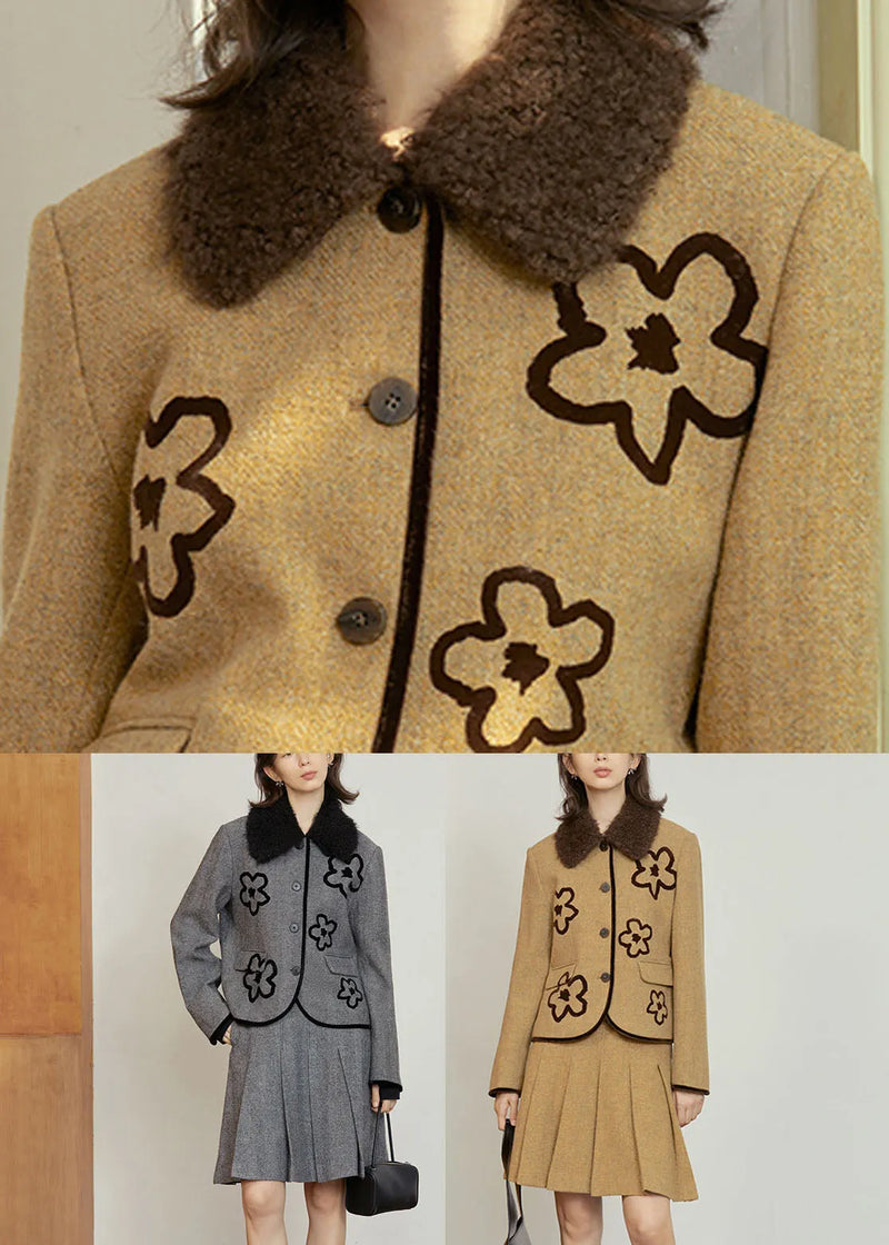 Organic Grey Button Woolen Coat and Skirts Two Pieces Set Fall