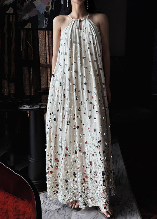 Handmade Light Grey Sequins Pockets Lace Up Linen Long Dress Sleeveless