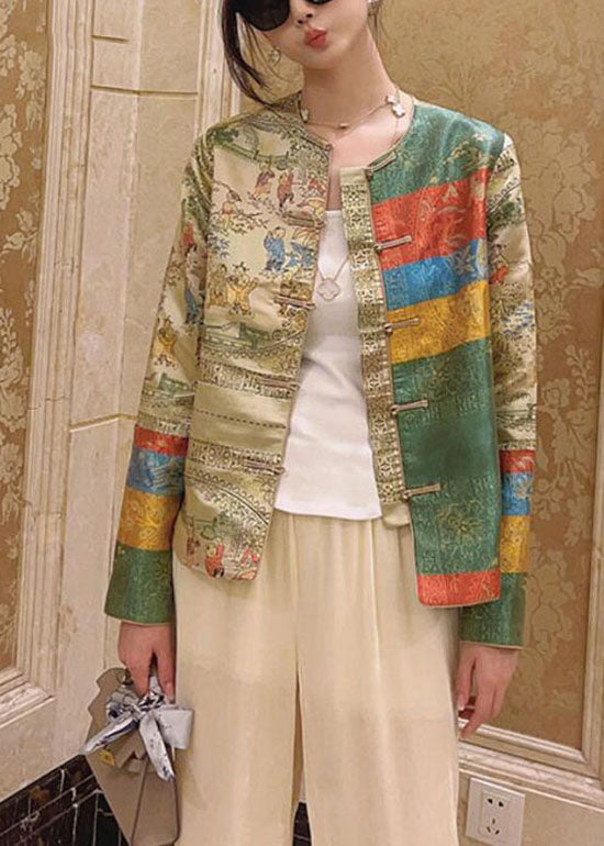 Chinese Style Green Button O-neck Print Coats Spring