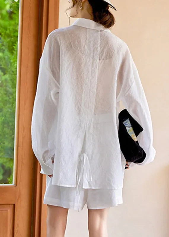 Simple White Pockets Shirts and Shorts Two Piece Suit Set Long Sleeve Spring