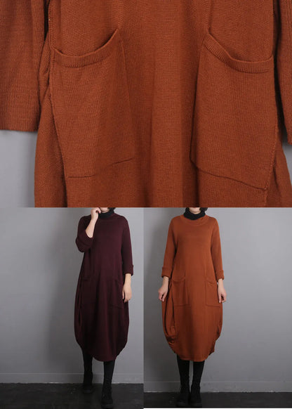 Orange O-neck Knit Cotton Thread Sweater Dress Fall