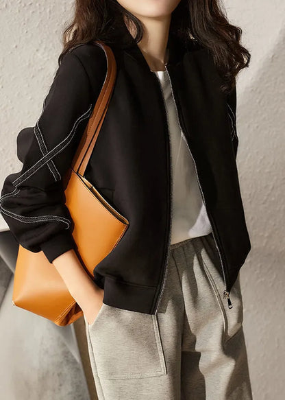 Black O-neck Patchwork Zippered Jackets Long Sleeve