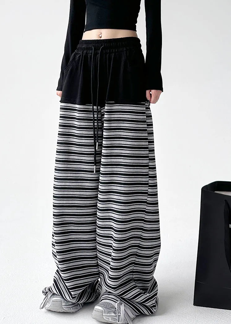Black White Striped Pockets Tie Waist Wide Leg Pants Sprin