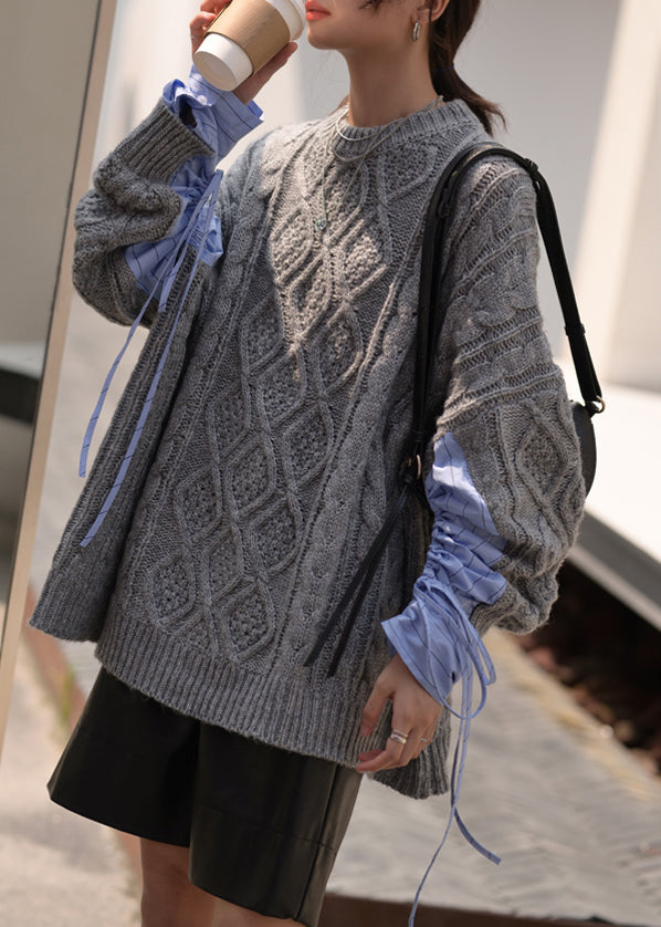 Black O Neck Drawstring Patchwork Cotton Knit Sweaters Fall