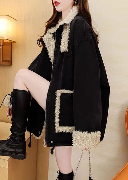 Black Zippered Pockets Patchwork Warm Fleece Coats Long Sleeve