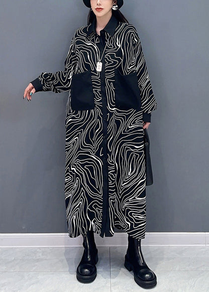New Black Button Print Patchwork Cotton Shirt Dresses Long Sleeve