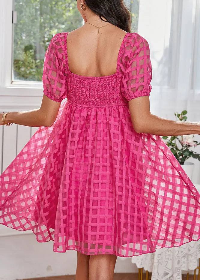 Pink Square Collar Plaid Tulle Mid Dress Puff Sleeve