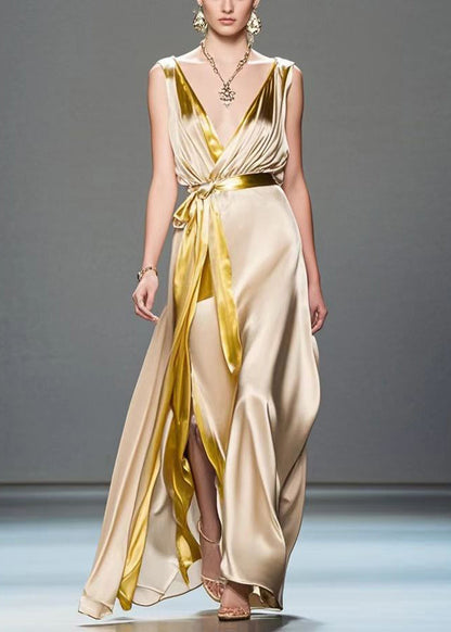 Fitted Champagne V Neck Draping Silk Vestidos Dress Sleeveless