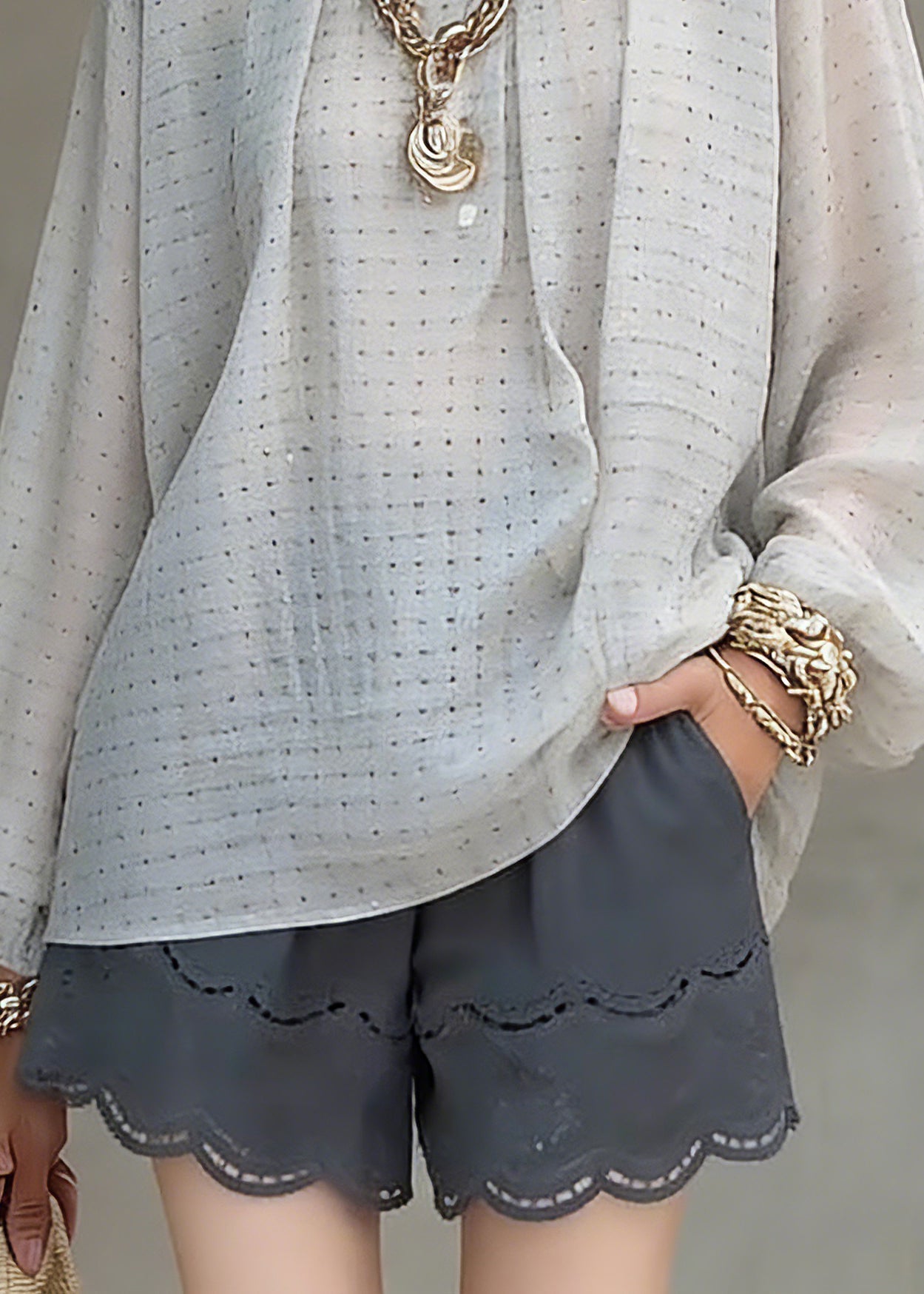 Grey Dot Print Top Lantern Sleeve
