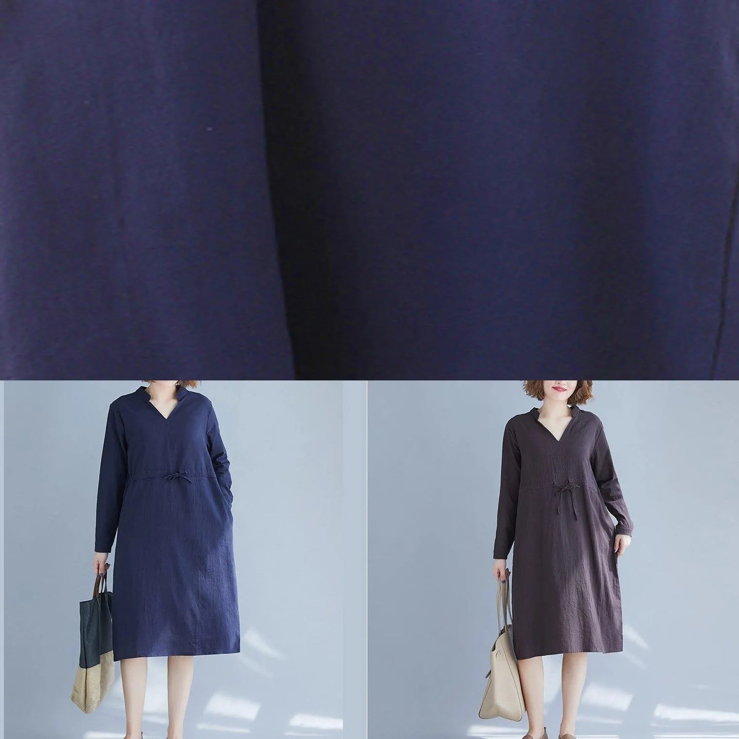 Simple V Neck Drawstring Spring Robes Neckline Gray Dresses